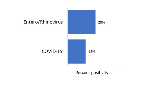 For the most recent update, from highest to lowest, the percentage of positive tests is as follows: Entero/Rhinovirus - 20%;; COVID-19 - 13%; Adenovirus - 0%; Influenza A - 0%; Parainfluenz - 0%; Human metapneumovirus - 0%; Influenza B - 0%; RSV - 0%; Seasonal human coronavirus - 0%.