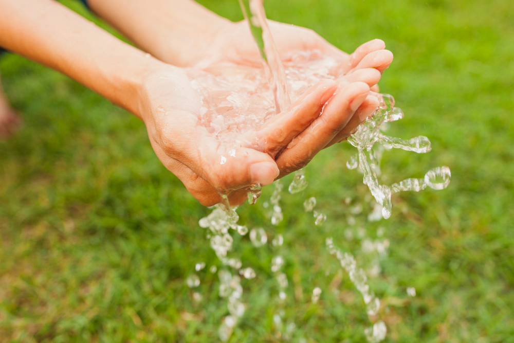 Hands cupping clear water outdoors