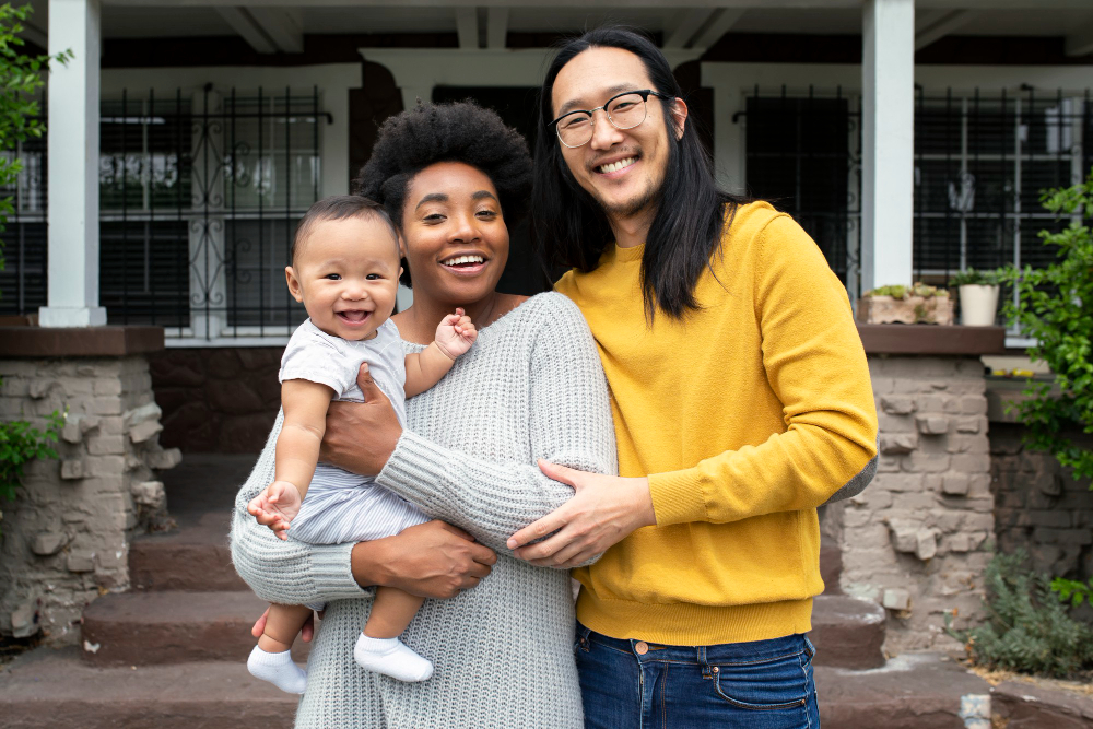 Smiling parents holding a baby outside a house
