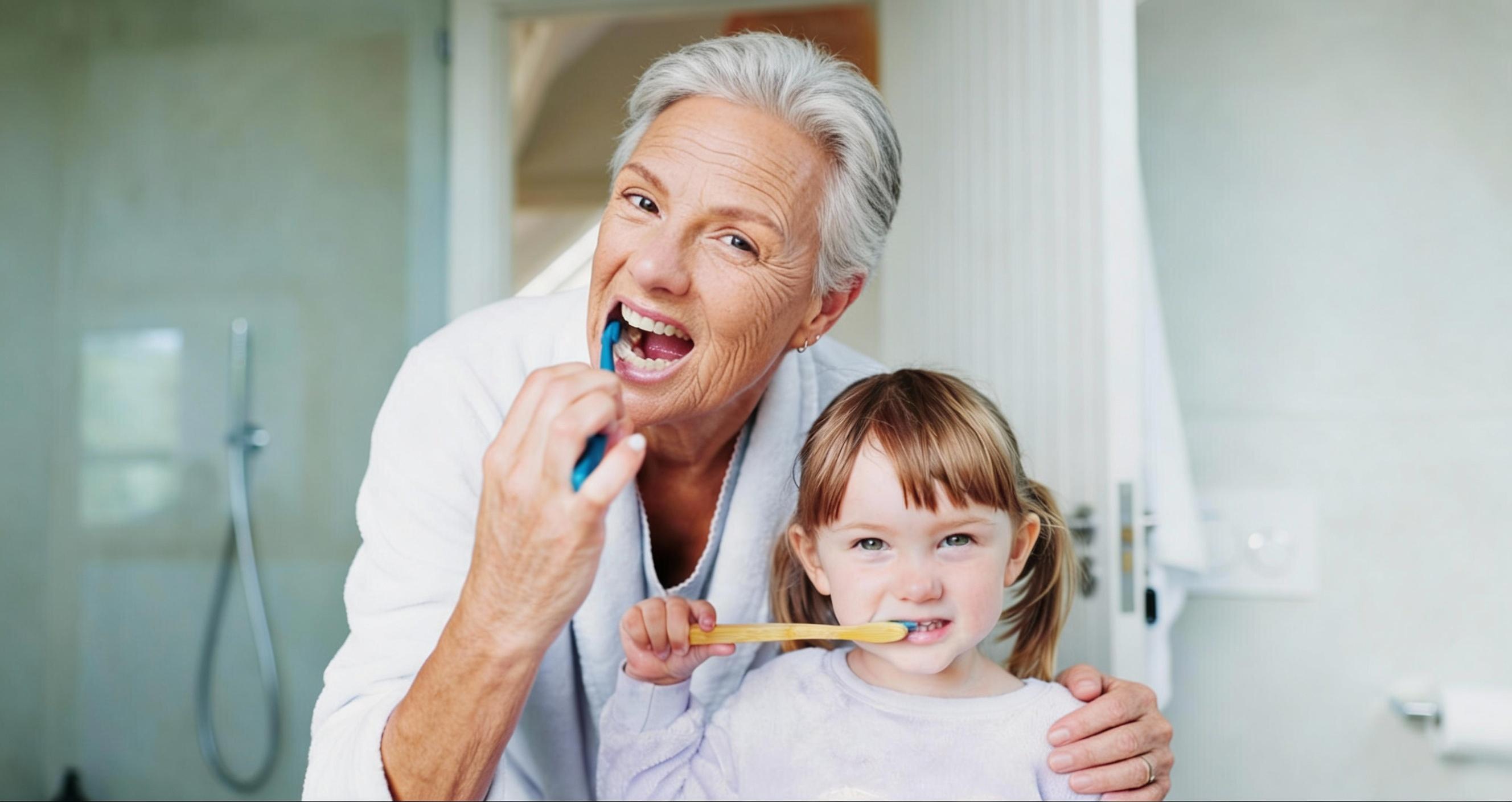 Senior woman and young girl brushing their teeth together